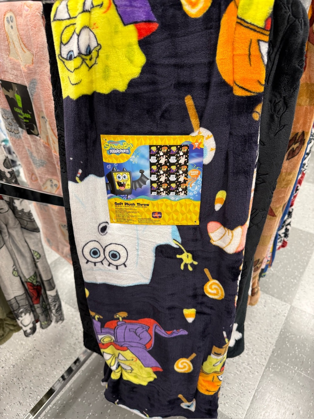 SpongeBob SquarePants Black Plush Throw with Yellow & Orange Characters